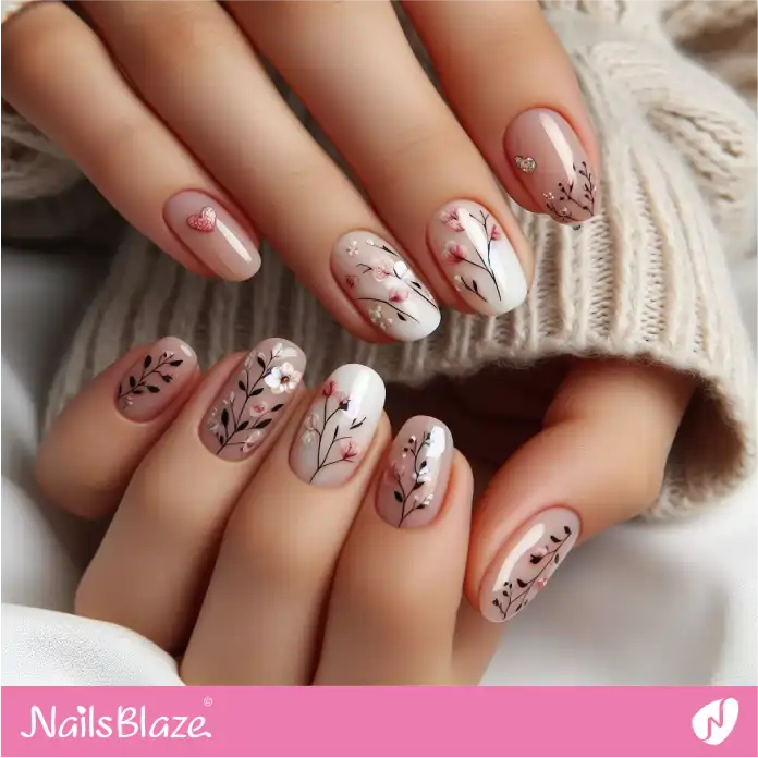 Glossy Nude Nails with Forest Flowers Design | Love the Forest Nails - NB3024
